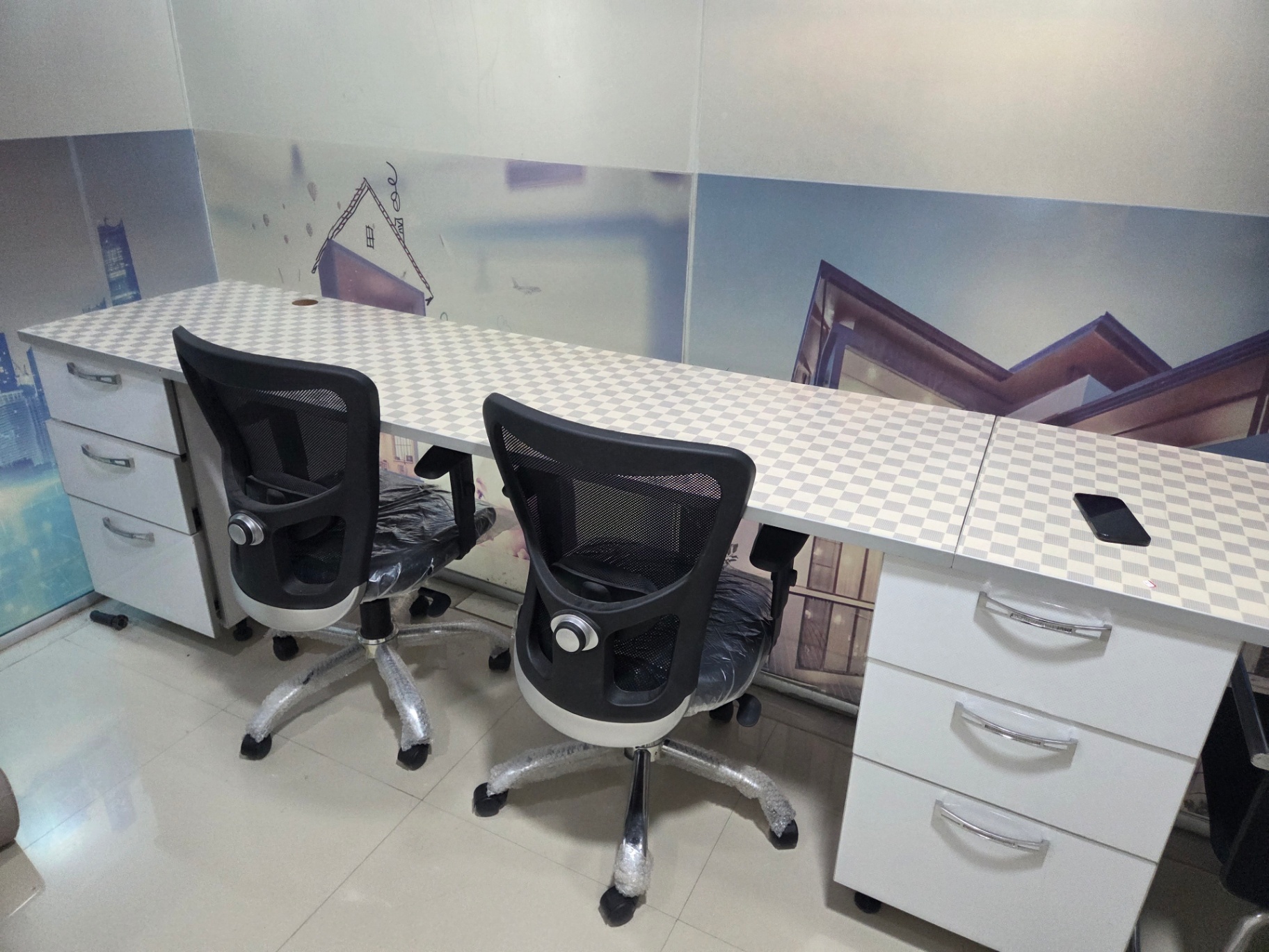Office Workstation Tables with Storage and 5 Chairs - Image 3