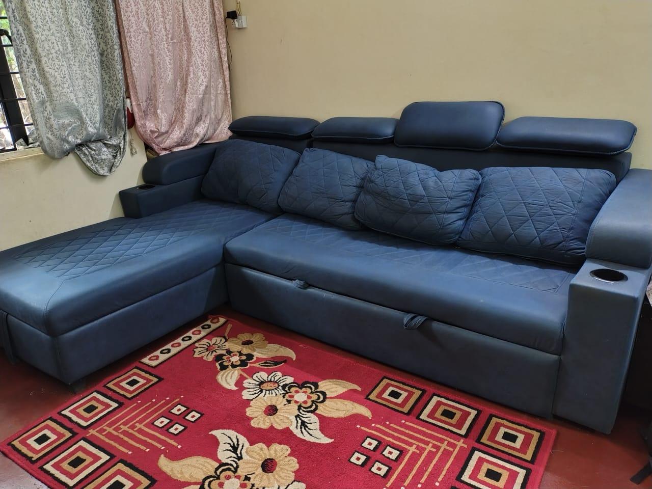 Space-Saving Blue L-Shaped Sofa cum Bed with In-built Storage - Image 6