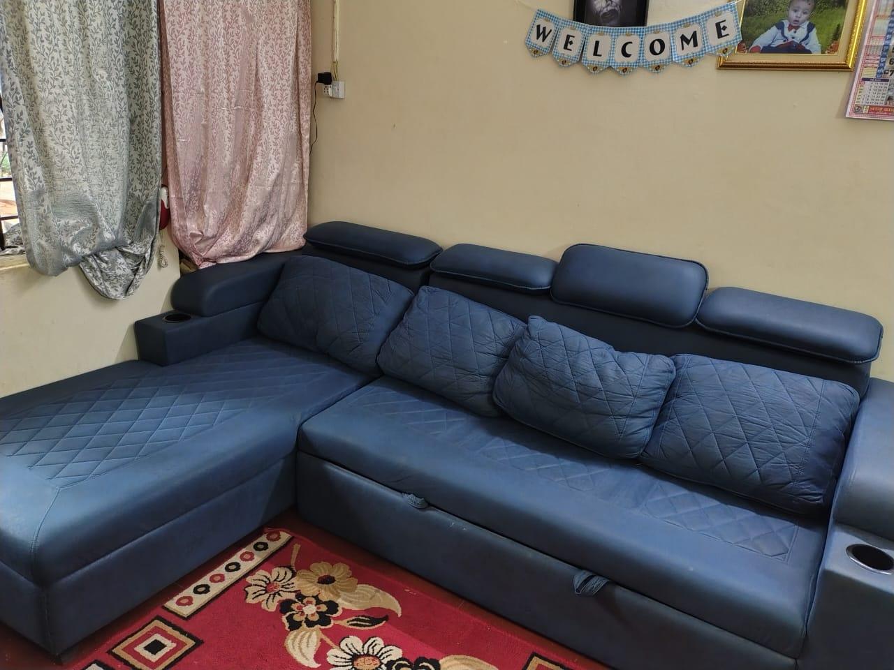 Space-Saving Blue L-Shaped Sofa cum Bed with In-built Storage - Image 5