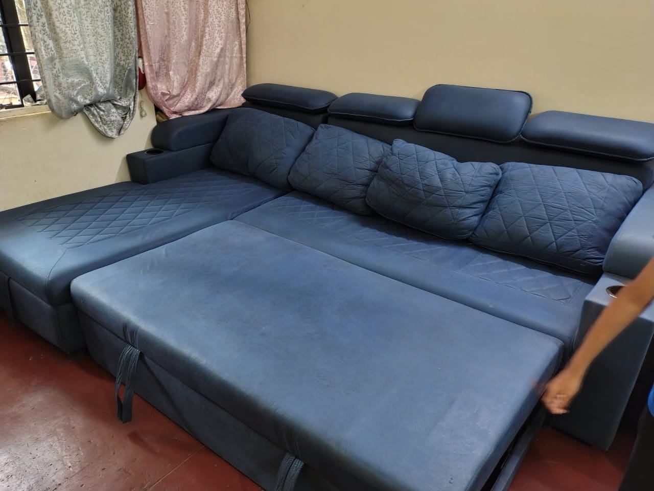 Space-Saving Blue L-Shaped Sofa cum Bed with In-built Storage - Image 3
