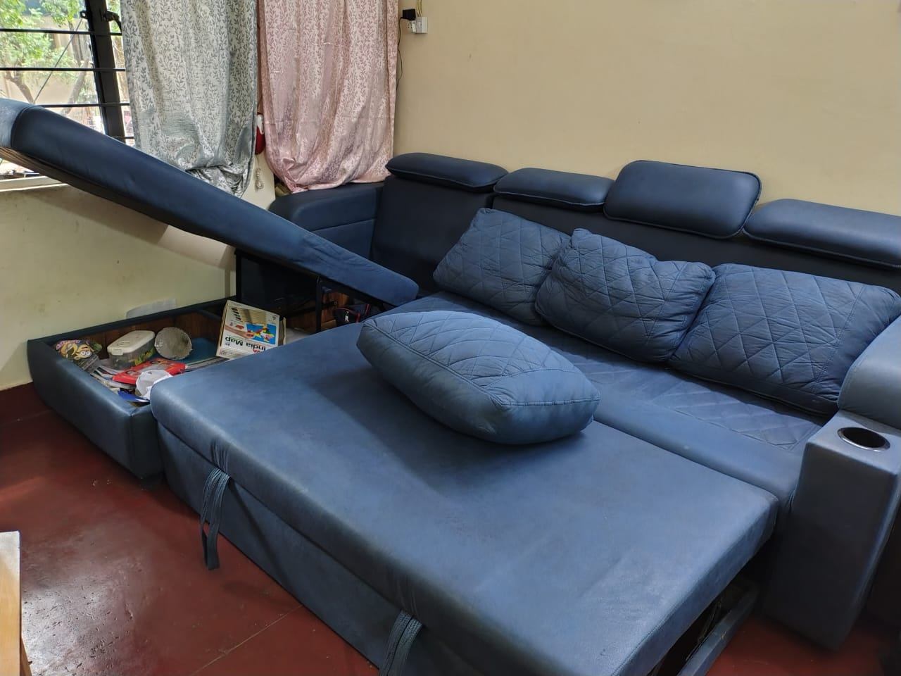 Space-Saving Blue L-Shaped Sofa cum Bed with In-built Storage - Image 2