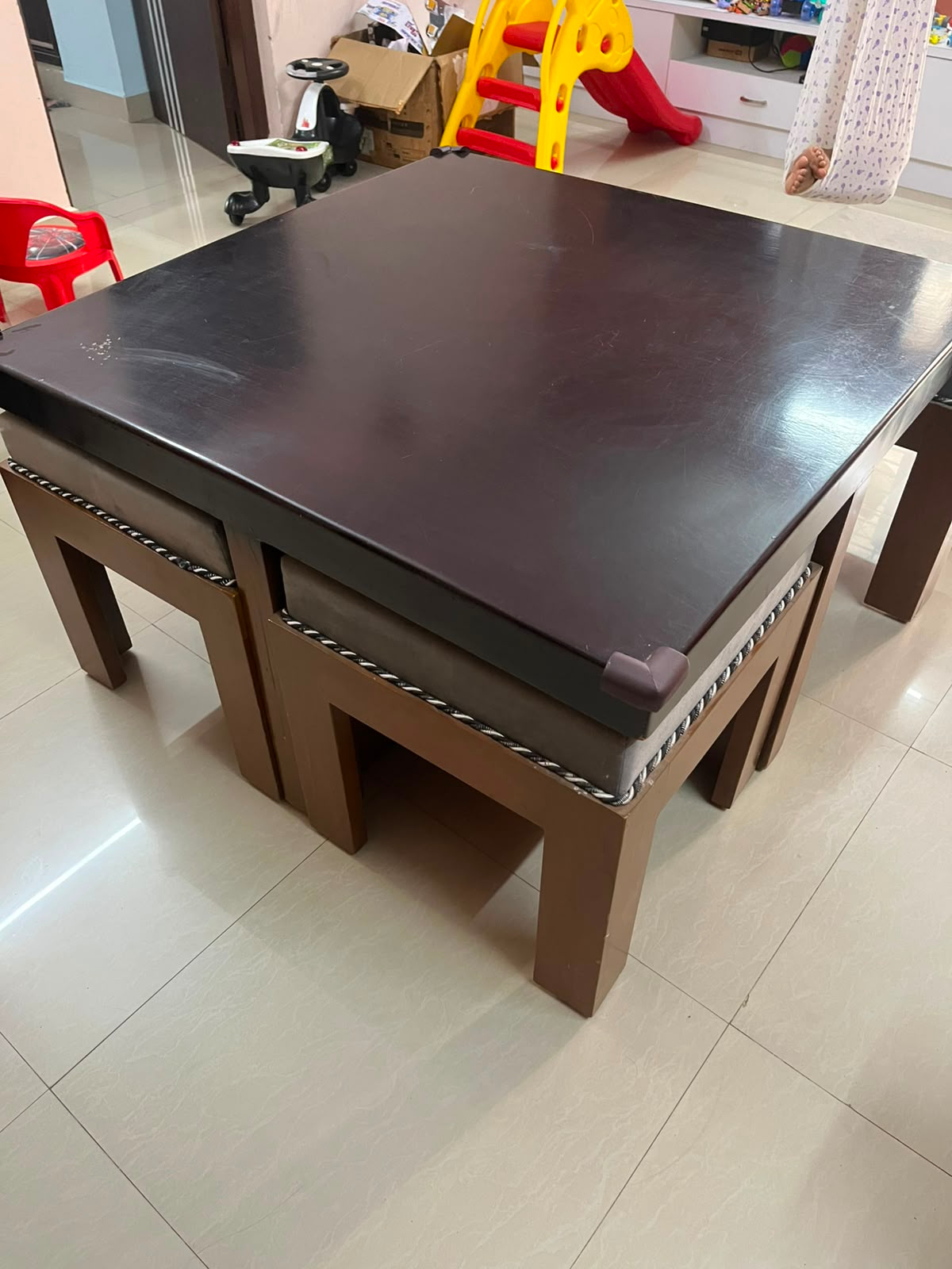 Space-Saving 4-Seater Coffee Table / Dining Set with Nesting Stools - Image 4