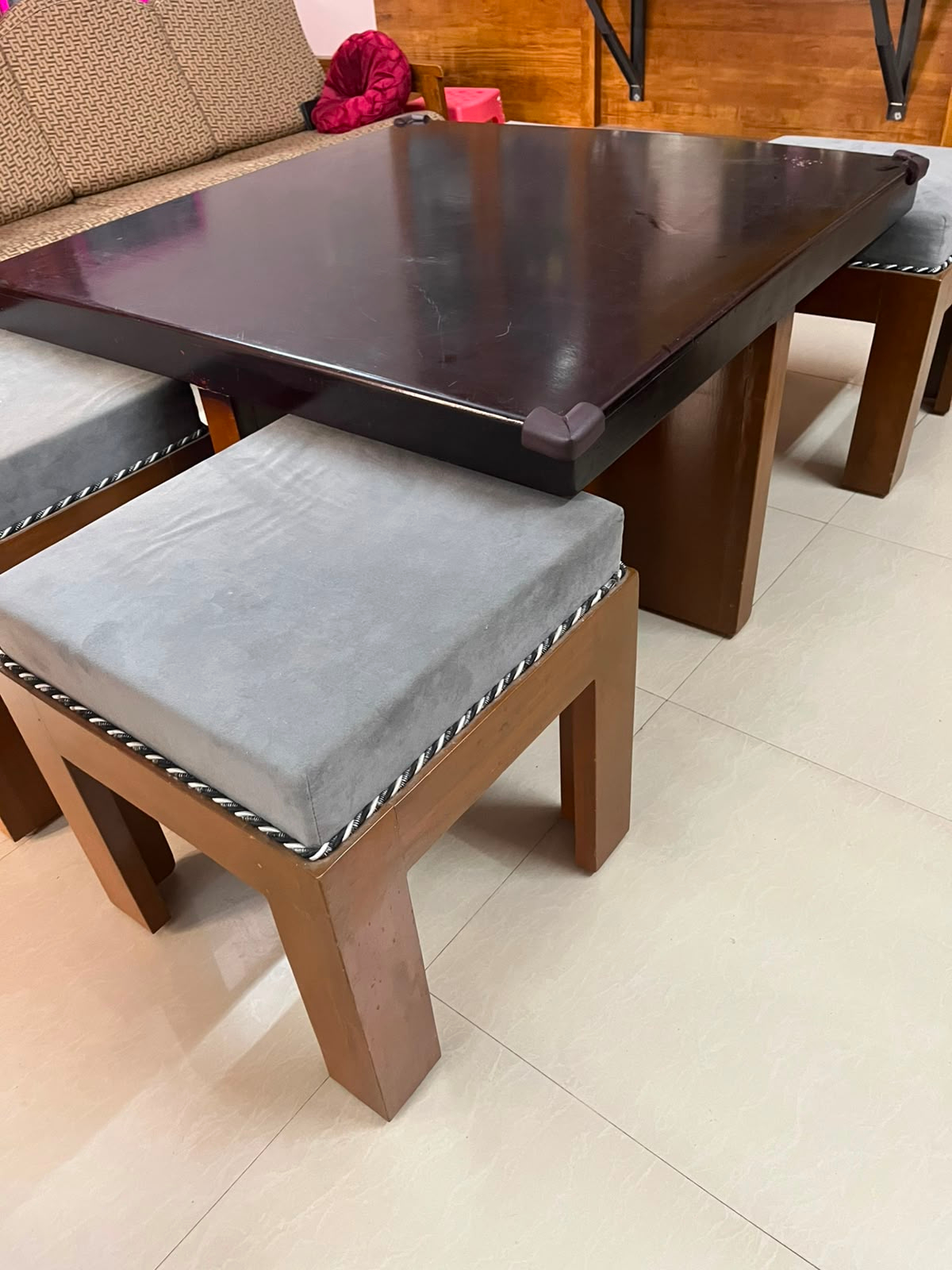 Space-Saving 4-Seater Coffee Table / Dining Set with Nesting Stools - Image 5