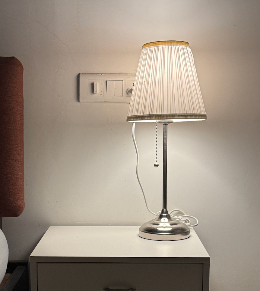 Classic Pleated Bedside Lamp, Silver Base with White Shade - Image 1