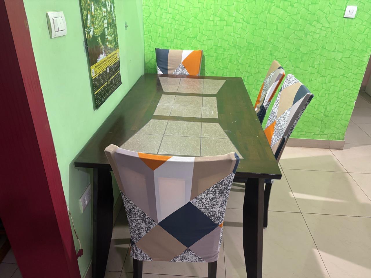 6-Seater Solid Wooden Dining Table with Stone Inlay Top & Chairs brought from Home Center - Image 3