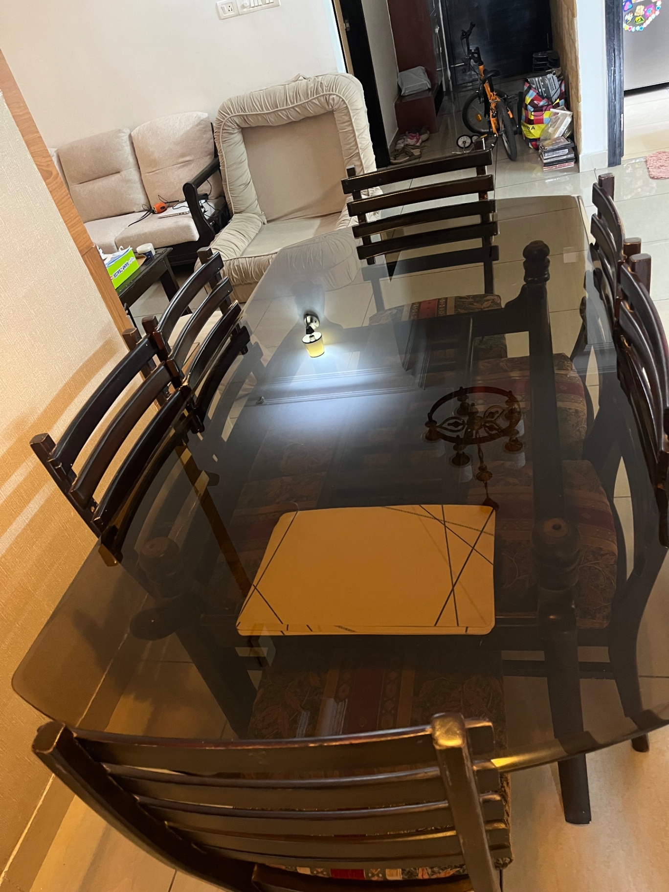 Glass top solid wood 6 seater dining table and chairs - Image 1