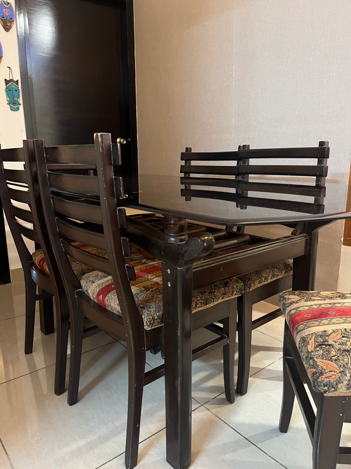 Glass top solid wood 6 seater dining table and chairs - Image 4