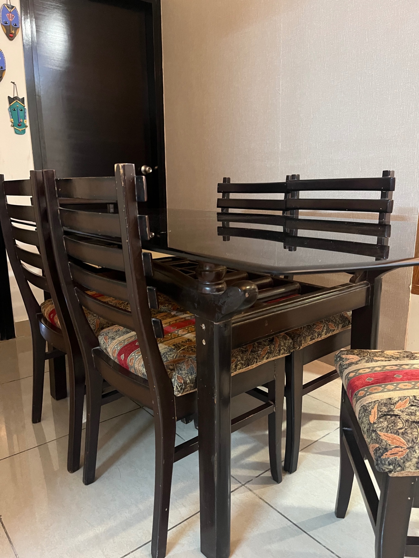 Glass top solid wood 6 seater dining table and chairs - Image 3
