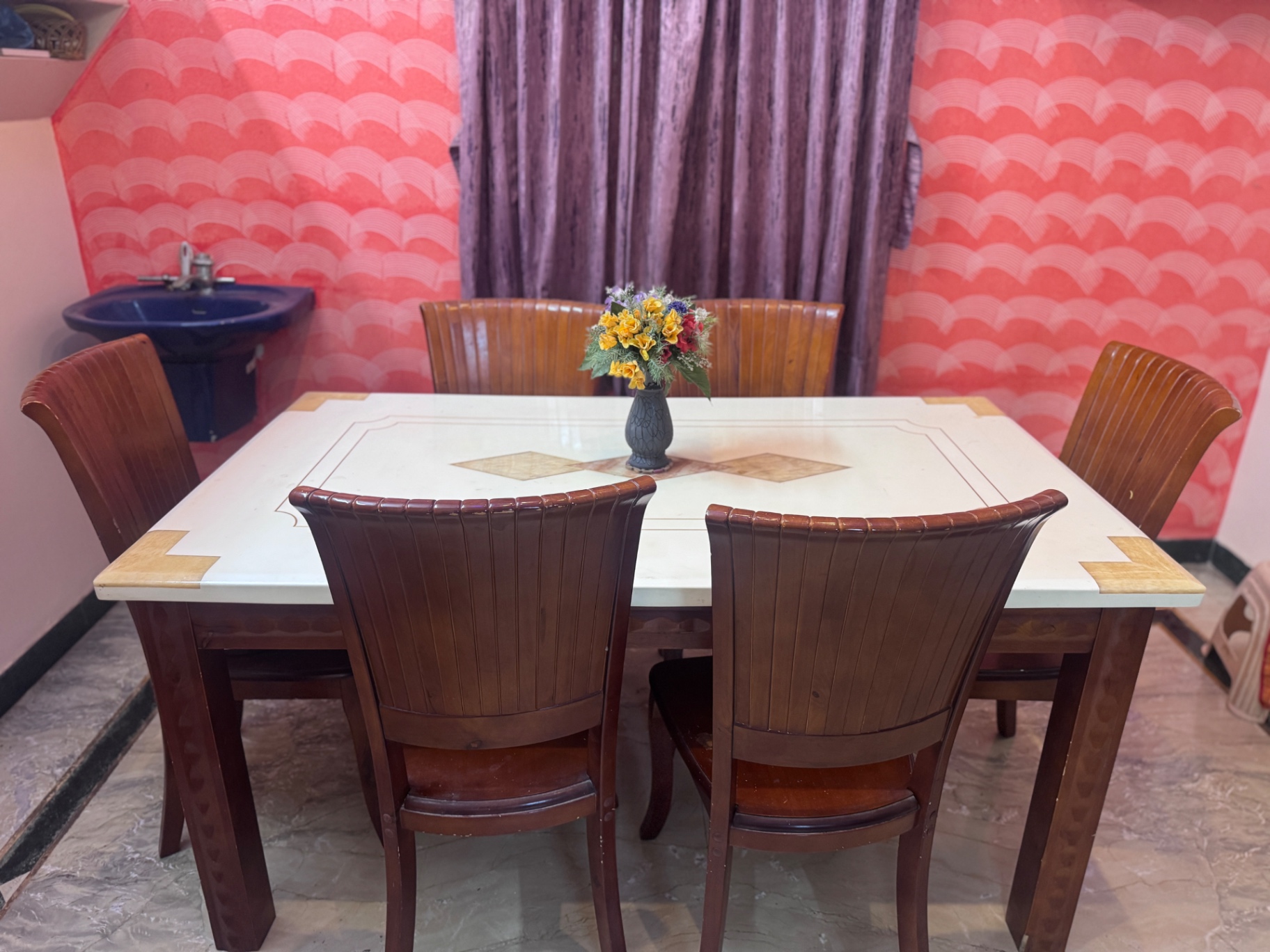 White marble with wooden dinning table - Image 1