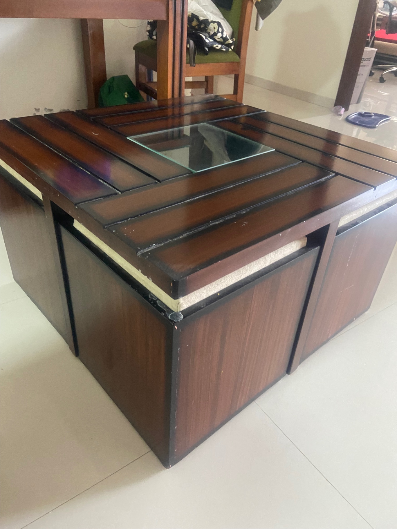 Coffee table with cushioned stools with storage  - Image 4