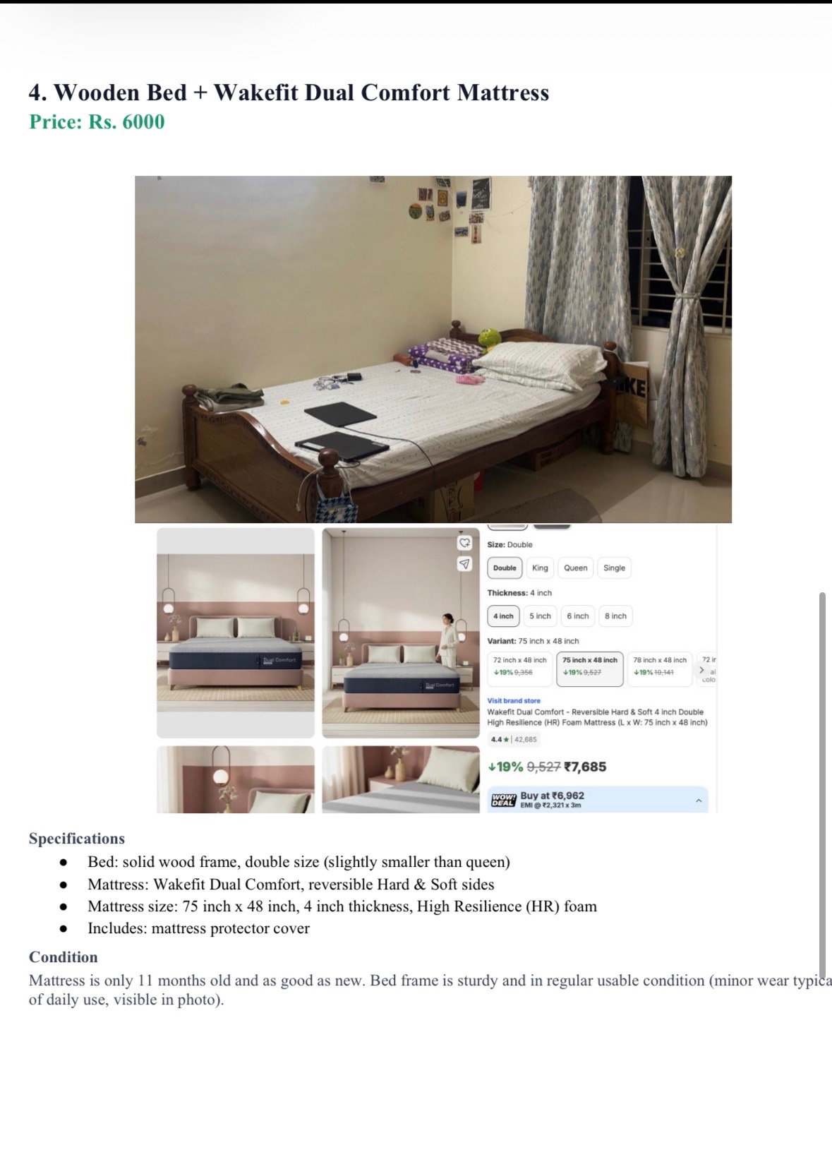 Wooden bed with wakefit mattress  - Image 1