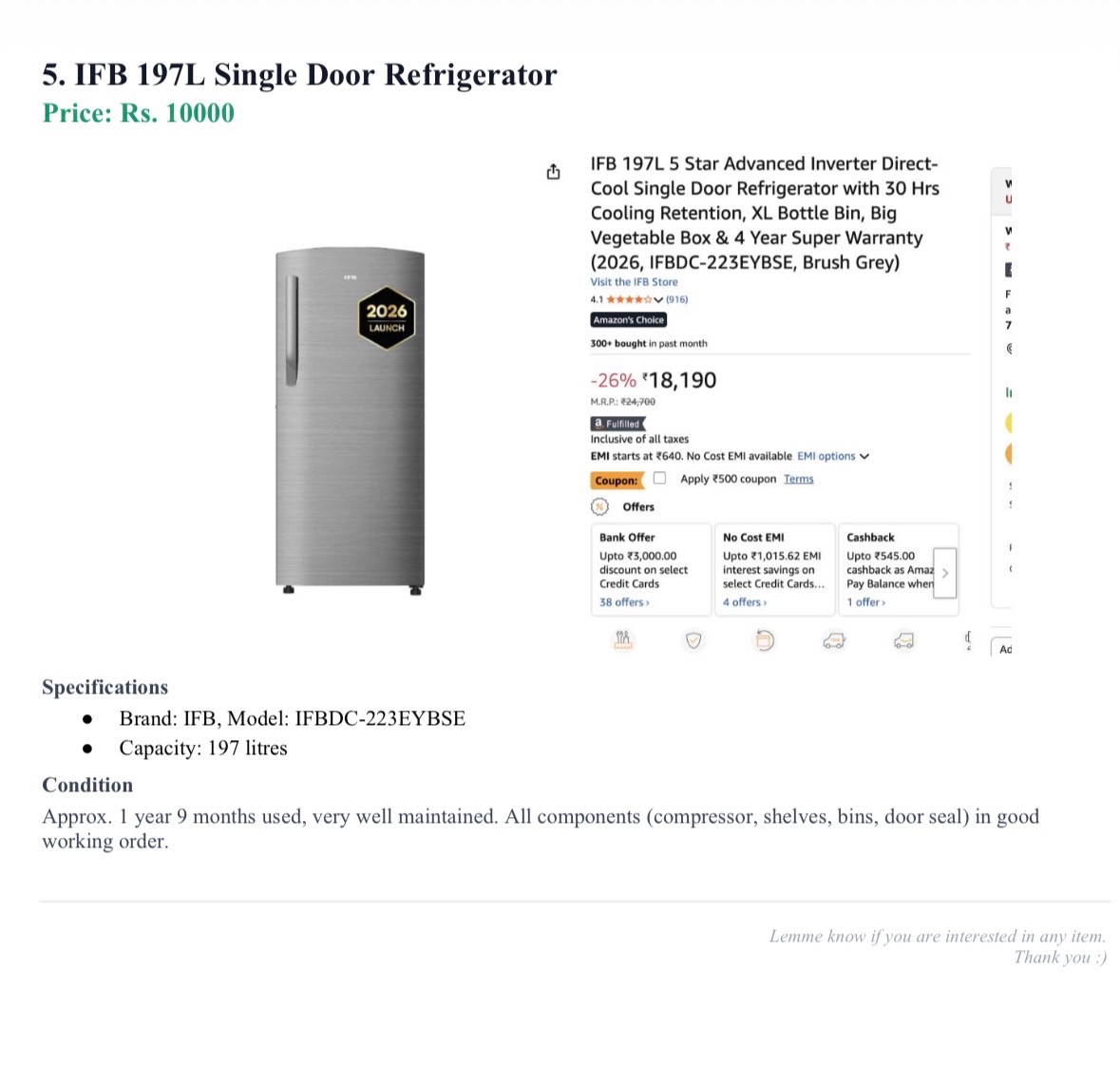 IFB 197L single door fridge - Image 4