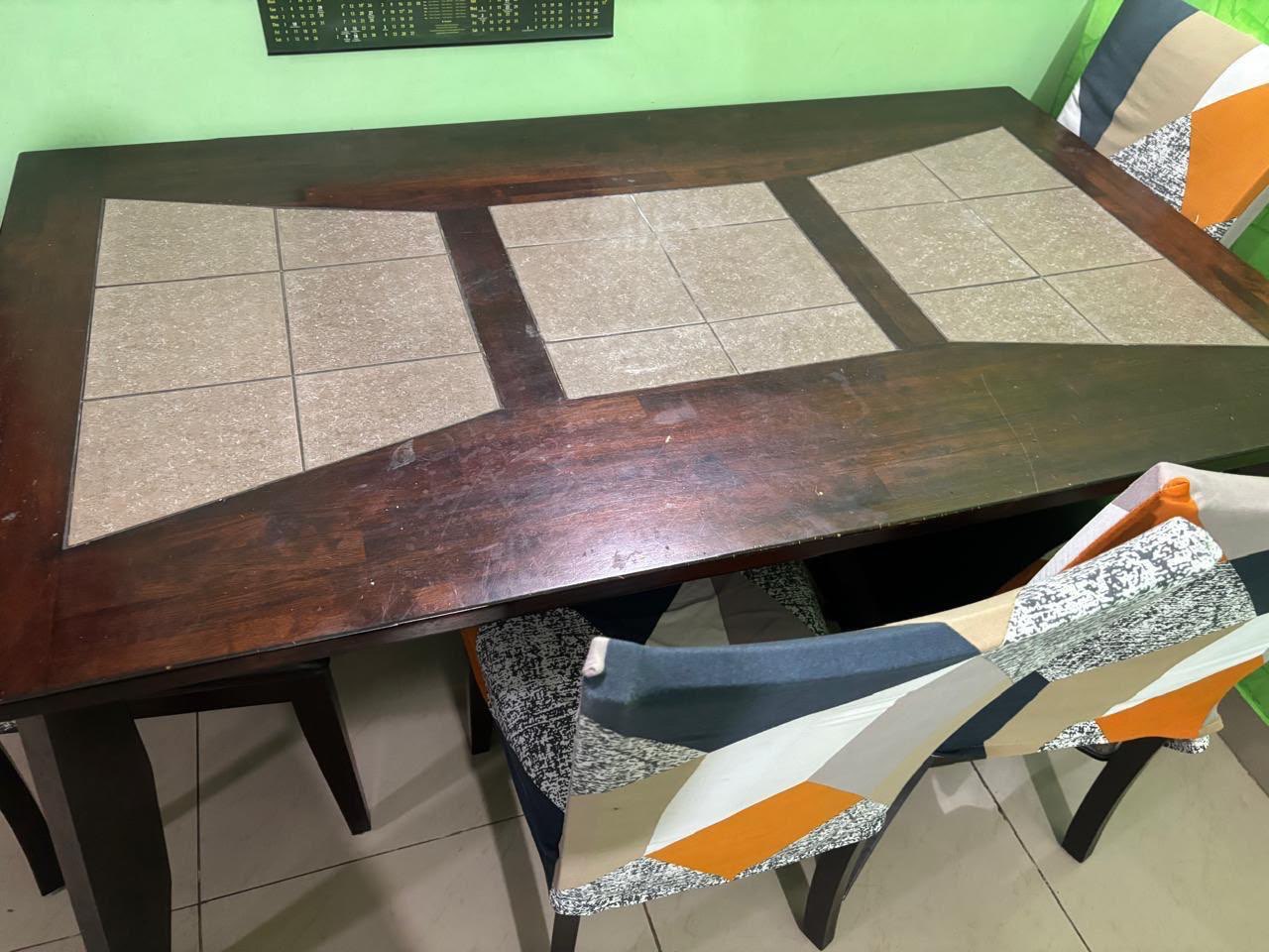 6-Seater Solid Wooden Dining Table with Stone Inlay Top & Chairs brought from Home Center - Image 2
