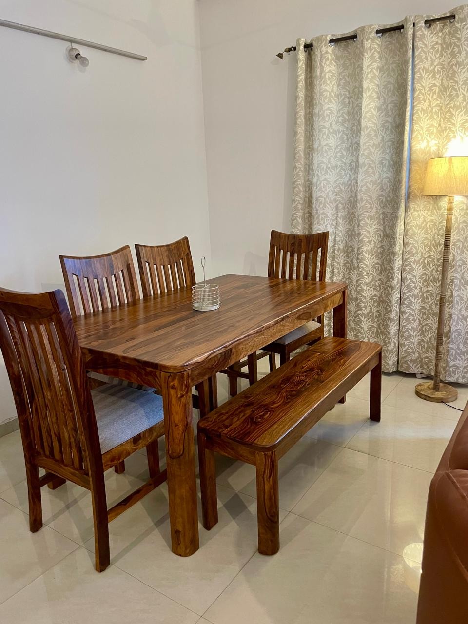 6 seater sheesham wood dining table with 4 cushioned chairs and 1 bench - Image 1