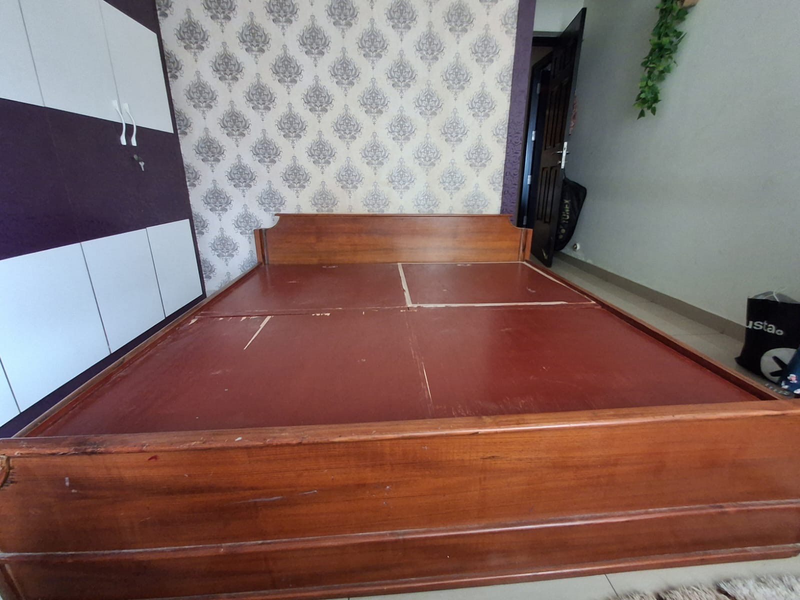 Queen size solid, teak wood finish cot with storage and bed - Image 1